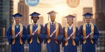 Diverse high school graduates looking confidently towards future career paths with digital, medical, and construction icons.