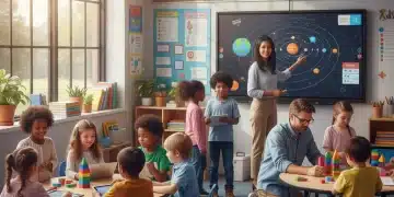 Diverse students and teachers in a bright, modern classroom benefiting from increased federal K-12 grants.