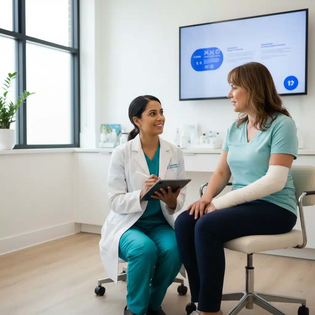 Medical assistant interacting professionally with a patient in a modern healthcare clinic.