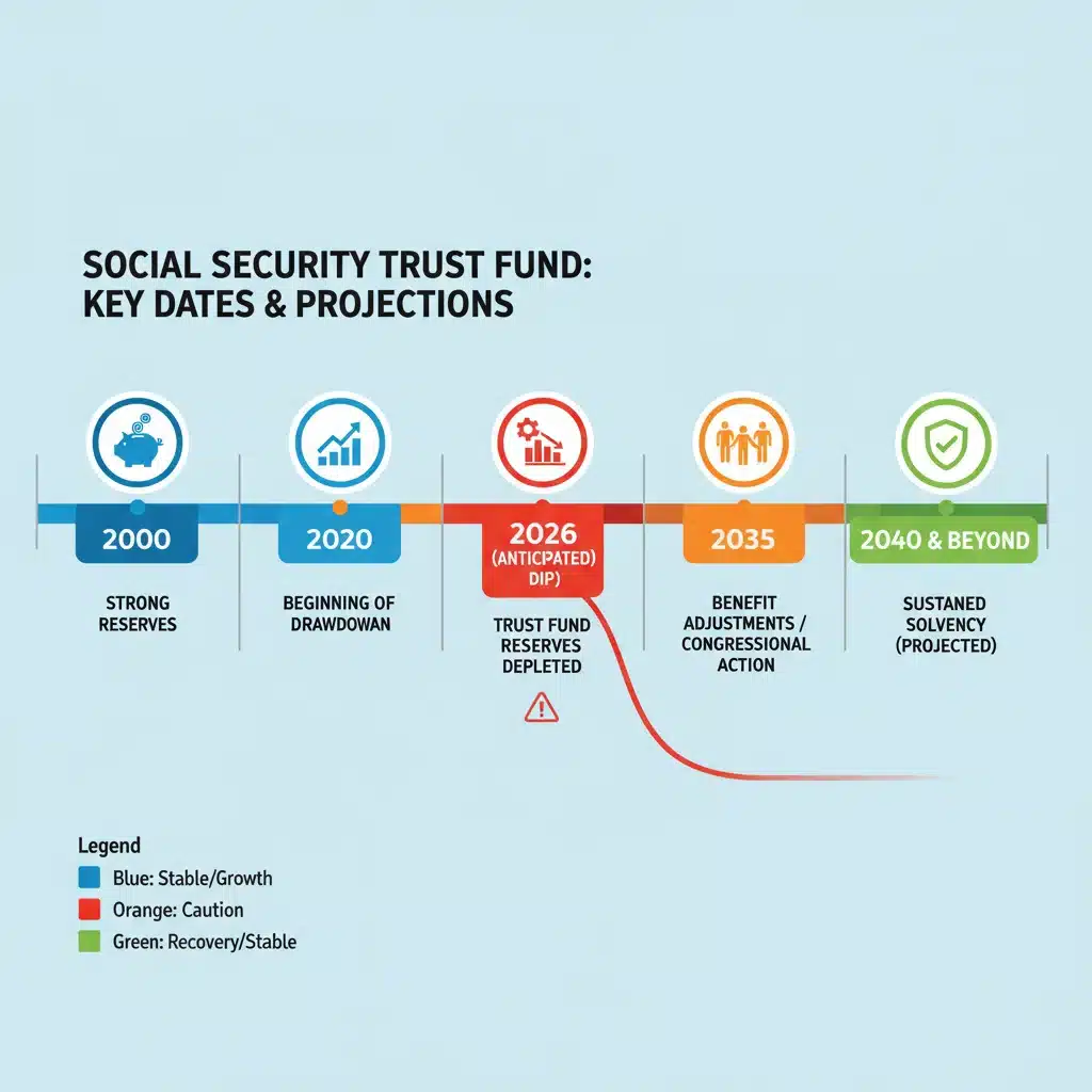 Infographic visualizing Social Security Trust Fund projections and milestones.