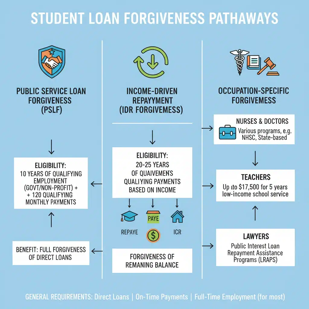 Infographic detailing different paths to student loan forgiveness through various programs.