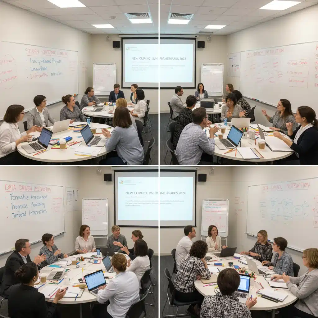 Teachers collaborating on new curriculum frameworks during a professional development session.