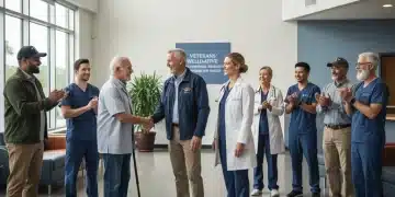 Veterans and healthcare providers interacting positively in a modern clinic