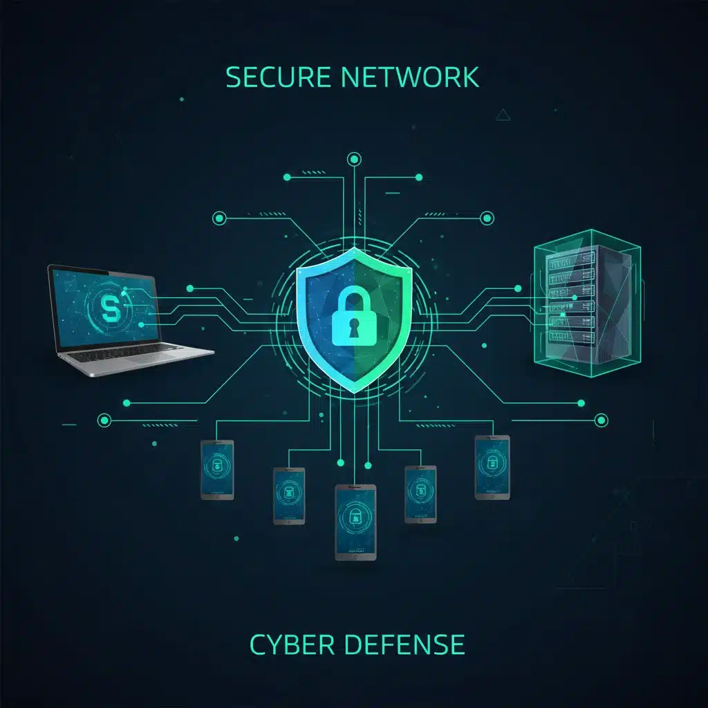 Digital shield protecting a network of connected devices, symbolizing cybersecurity