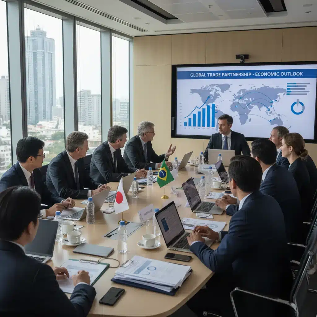 International business meeting discussing trade policies and economic data, symbolizing global collaboration.