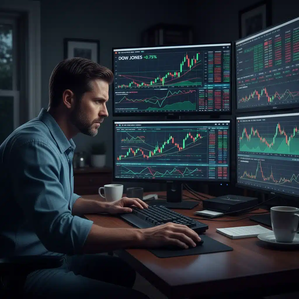 Investor analyzing market data on multiple screens for portfolio adjustment