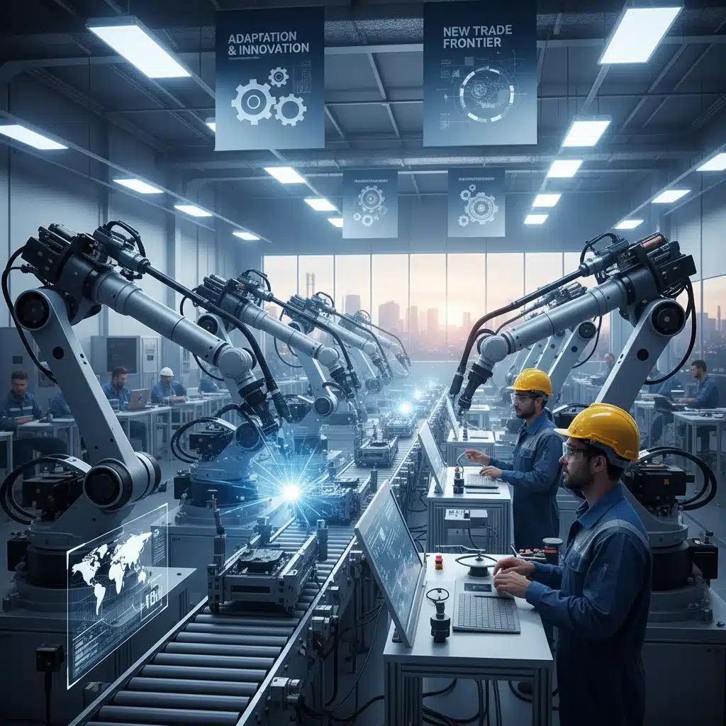 Modern factory floor with advanced robotics, illustrating manufacturing adaptation to new trade agreements.